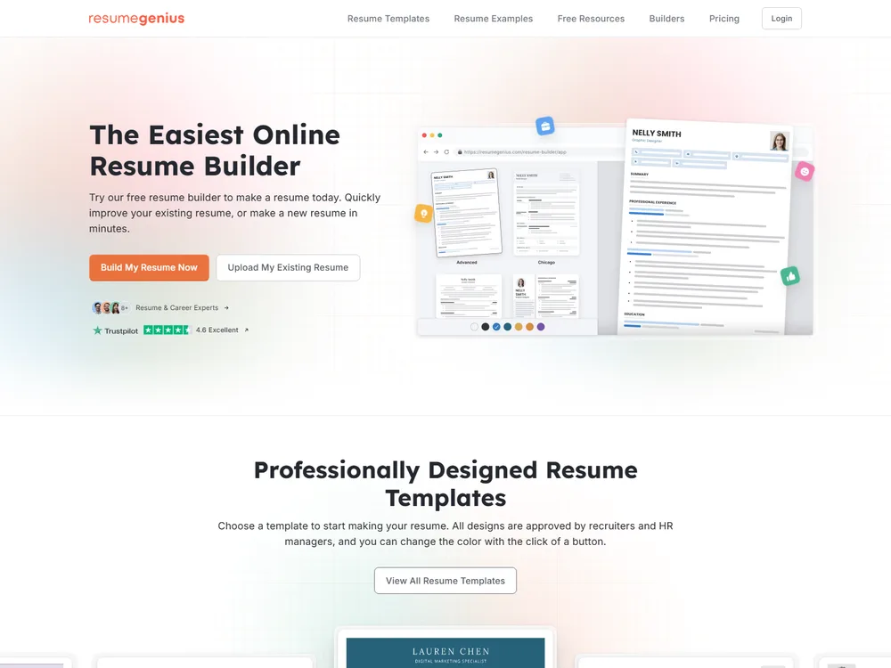 Screenshot of the Resume Genius website