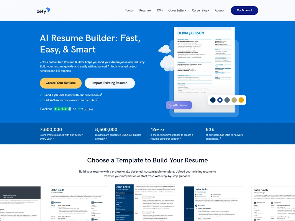 Screenshot of the Zety website